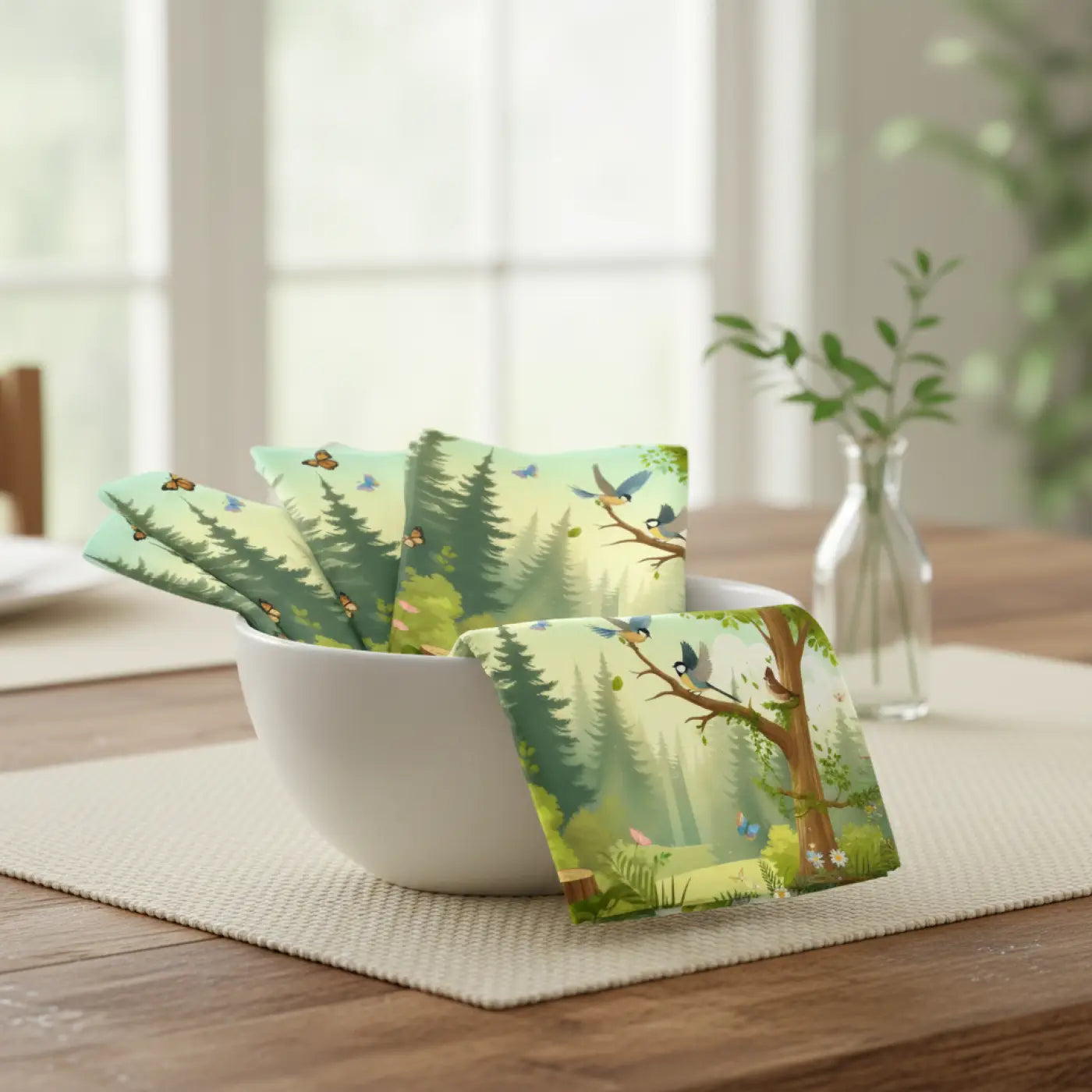 Nature-Inspired Napkin Set, Eco-Friendly Table Decor, Bird and Butterfly Design, Perfect for Gatherings, Picnics, and Spring Celebrations