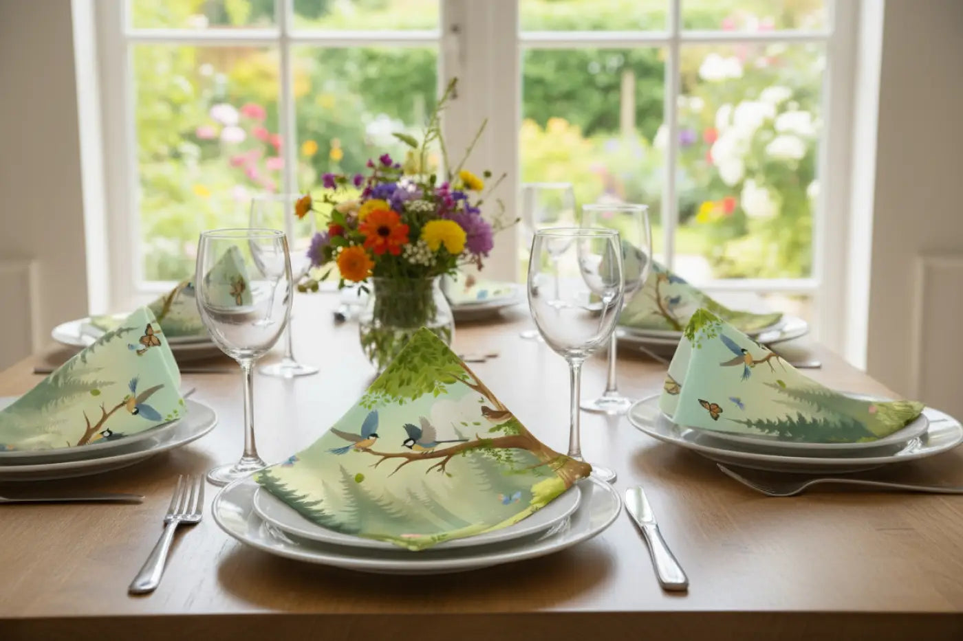 Nature-Inspired Napkin Set, Eco-Friendly Table Decor, Bird and Butterfly Design, Perfect for Gatherings, Picnics, and Spring Celebrations
