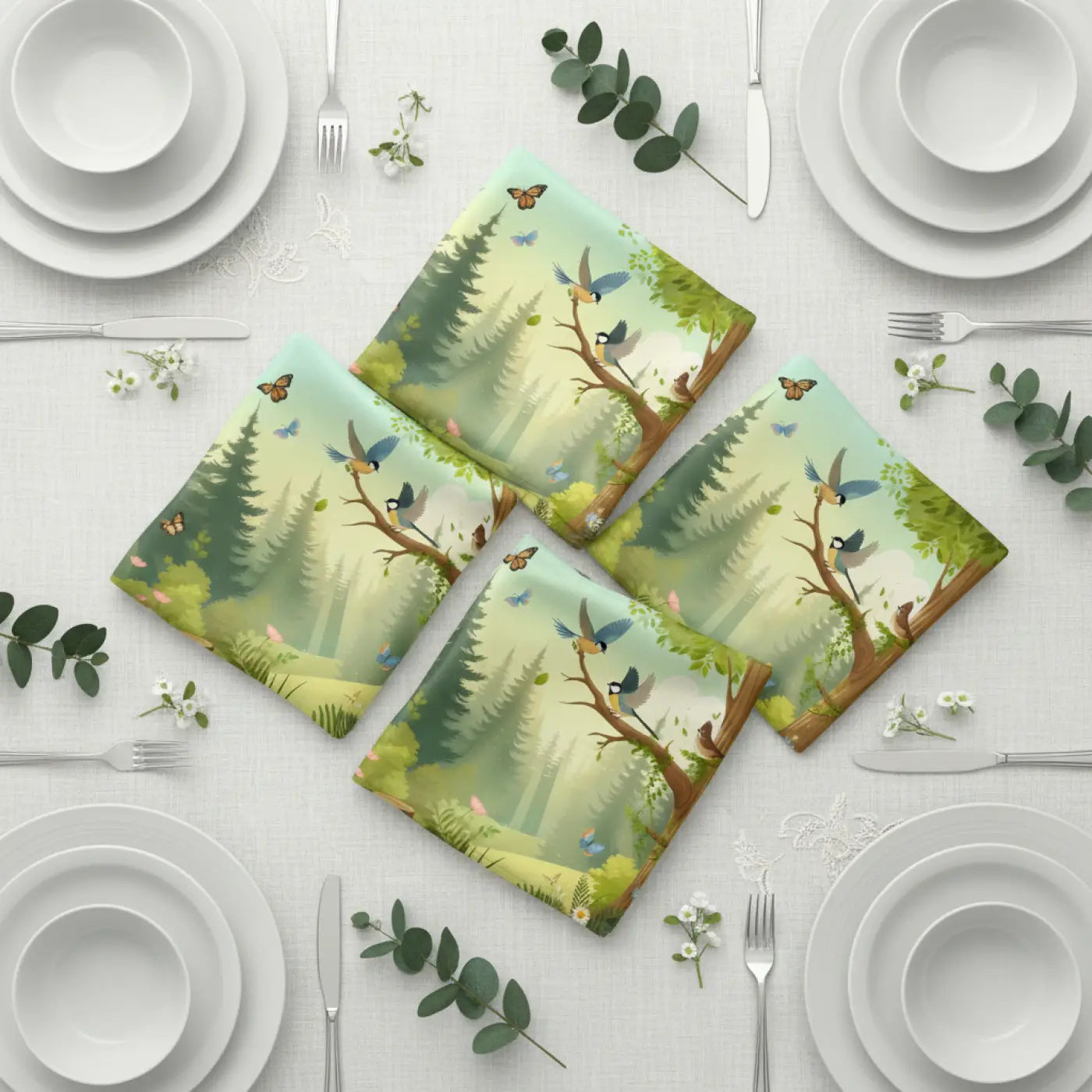 Nature-Inspired Napkin Set, Eco-Friendly Table Decor, Bird and Butterfly Design, Perfect for Gatherings, Picnics, and Spring Celebrations
