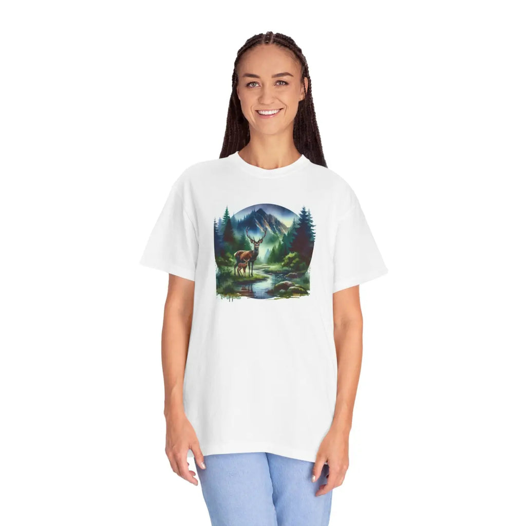Outdoor Enthusiast Tee - Deer Graphic Nature Scene Print - DipaliZ