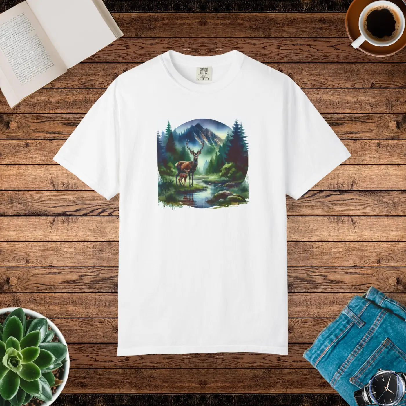 Outdoor Enthusiast Tee - Deer Graphic Nature Scene Print - DipaliZ
