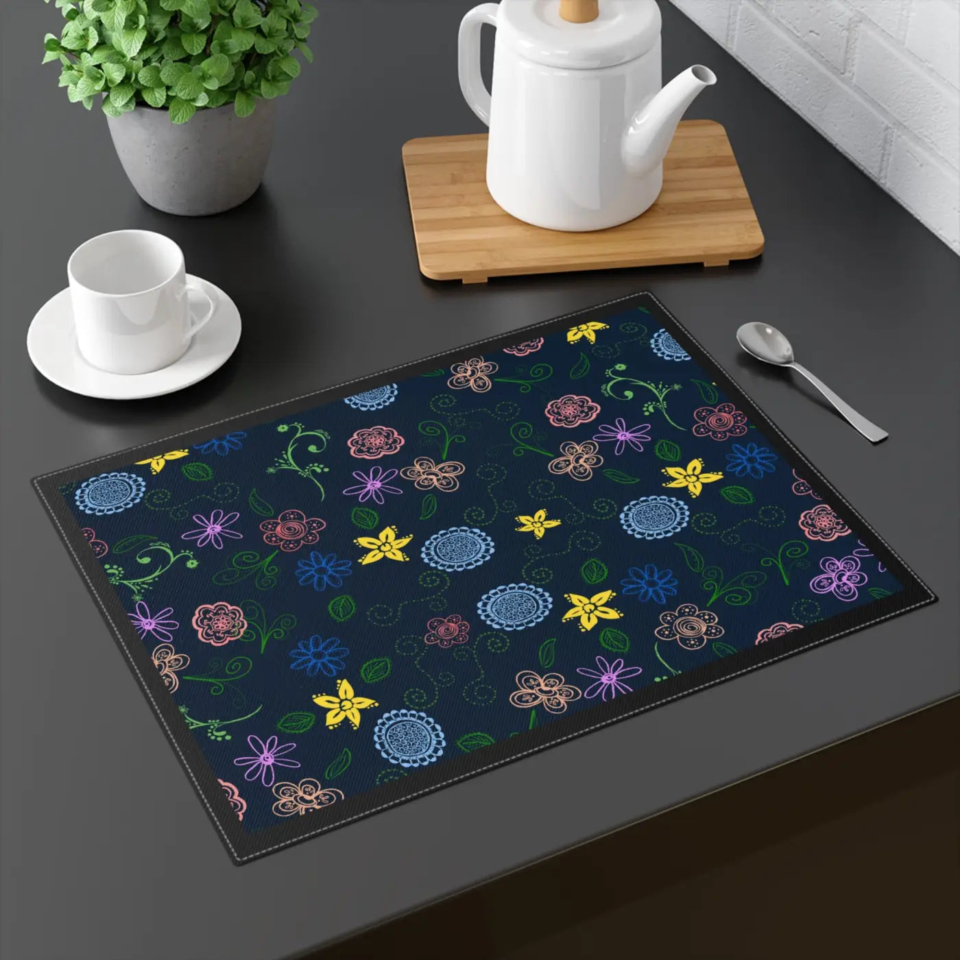 Floral Pattern Navy Blue Cotton Placemat - Dining Style - DipaliZ