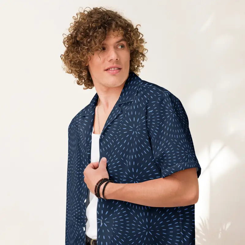 Navy Blue Button Shirt - Eco Friendly Pattern Unisex - DipaliZ