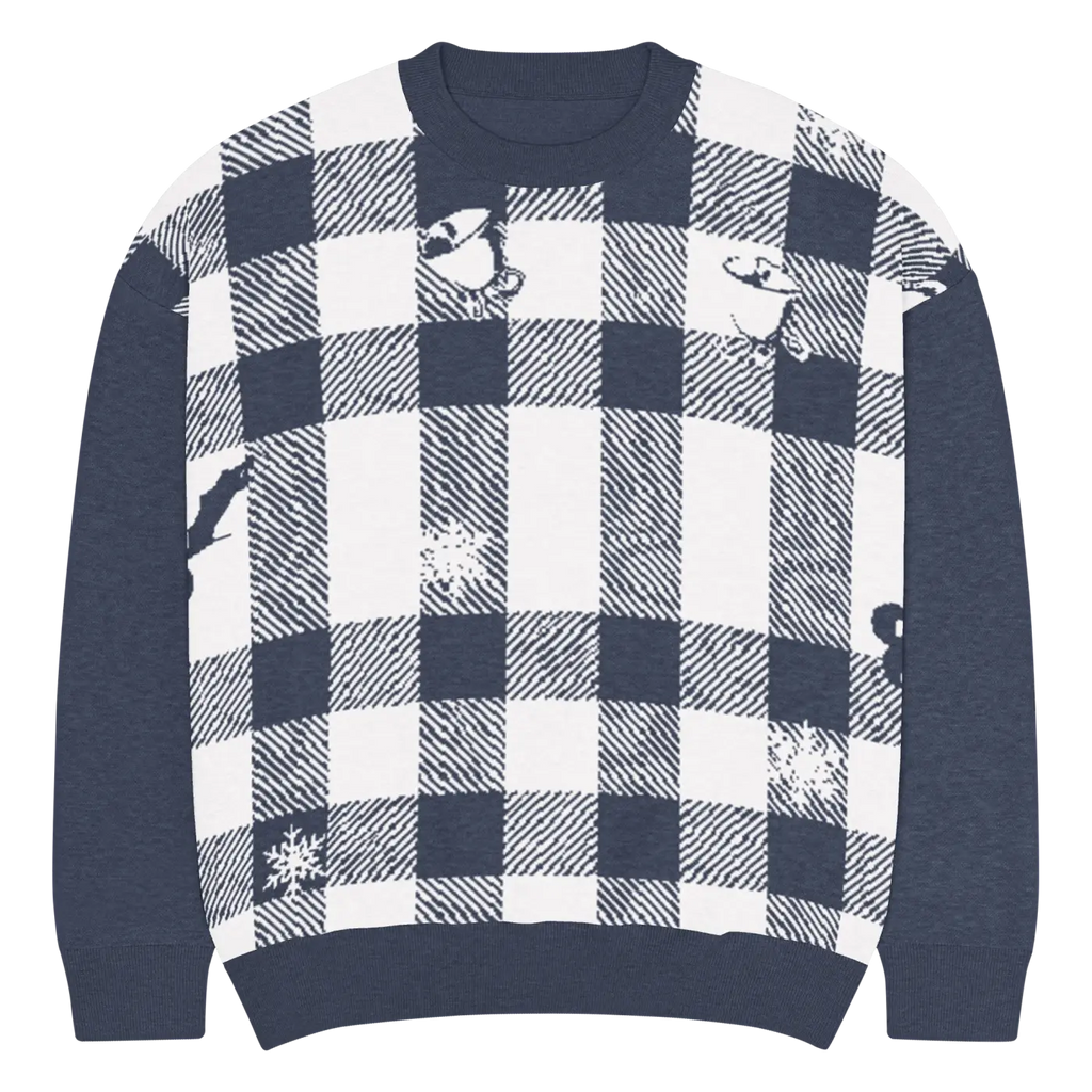 Knitted Crew Sweater - Buffalo Check Pattern Navy Tones - DipaliZ