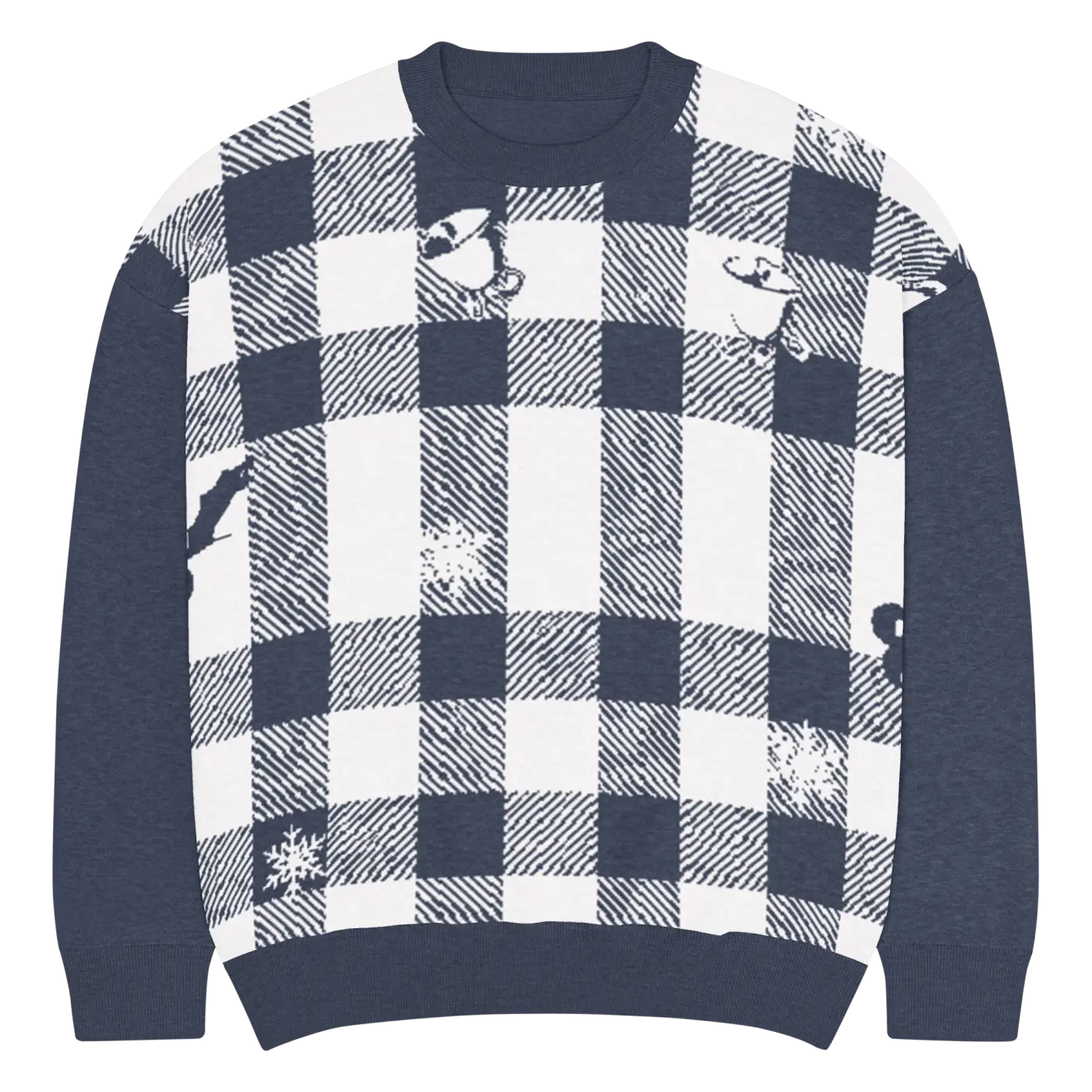 Knitted Crew Sweater - Buffalo Check Pattern Navy Tones - DipaliZ