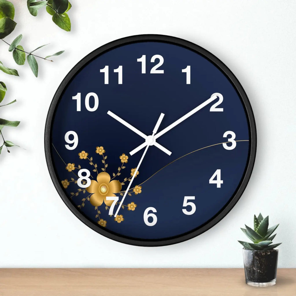 Navy Floral Wall Clock - Gold Blossom Whisper-Quiet Elegance - DipaliZ