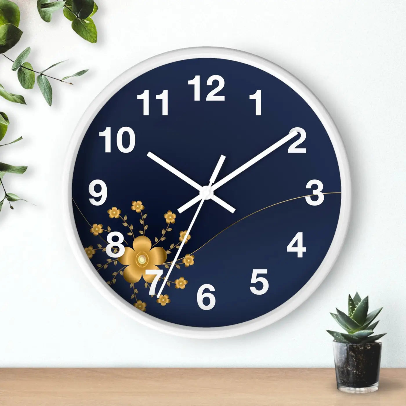 Navy Floral Wall Clock - Gold Blossom Whisper-Quiet Elegance - DipaliZ