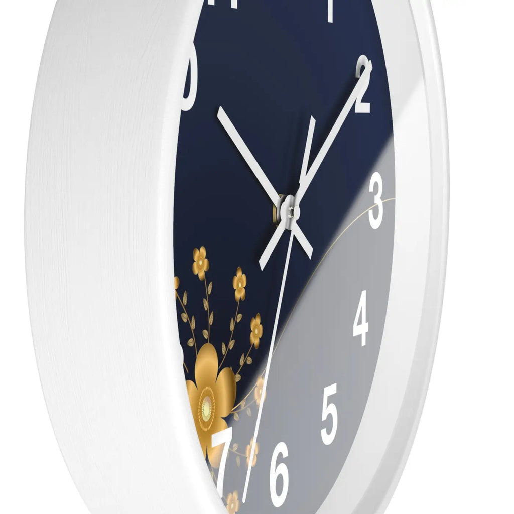 Navy Floral Wall Clock - Gold Blossom Whisper-Quiet Elegance - DipaliZ