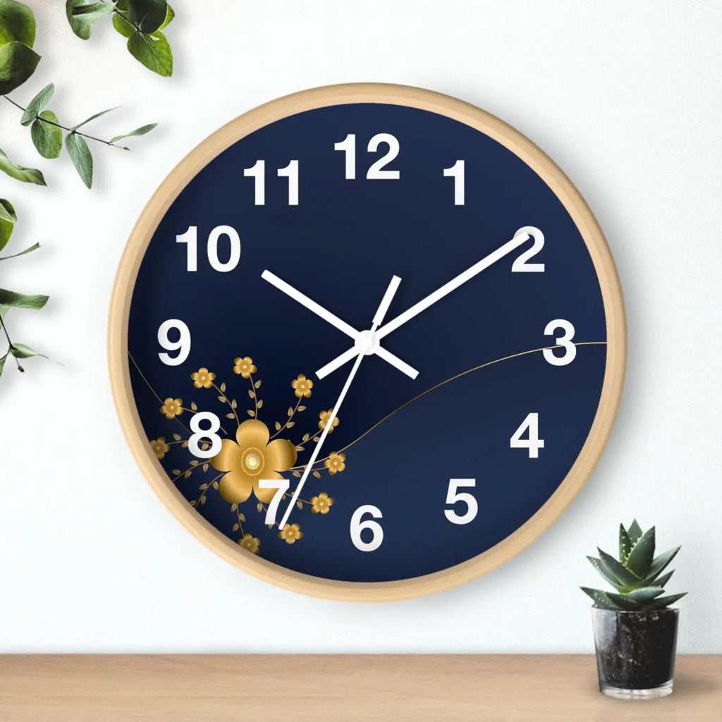Navy Floral Wall Clock - Gold Blossom Whisper-Quiet Elegance - DipaliZ