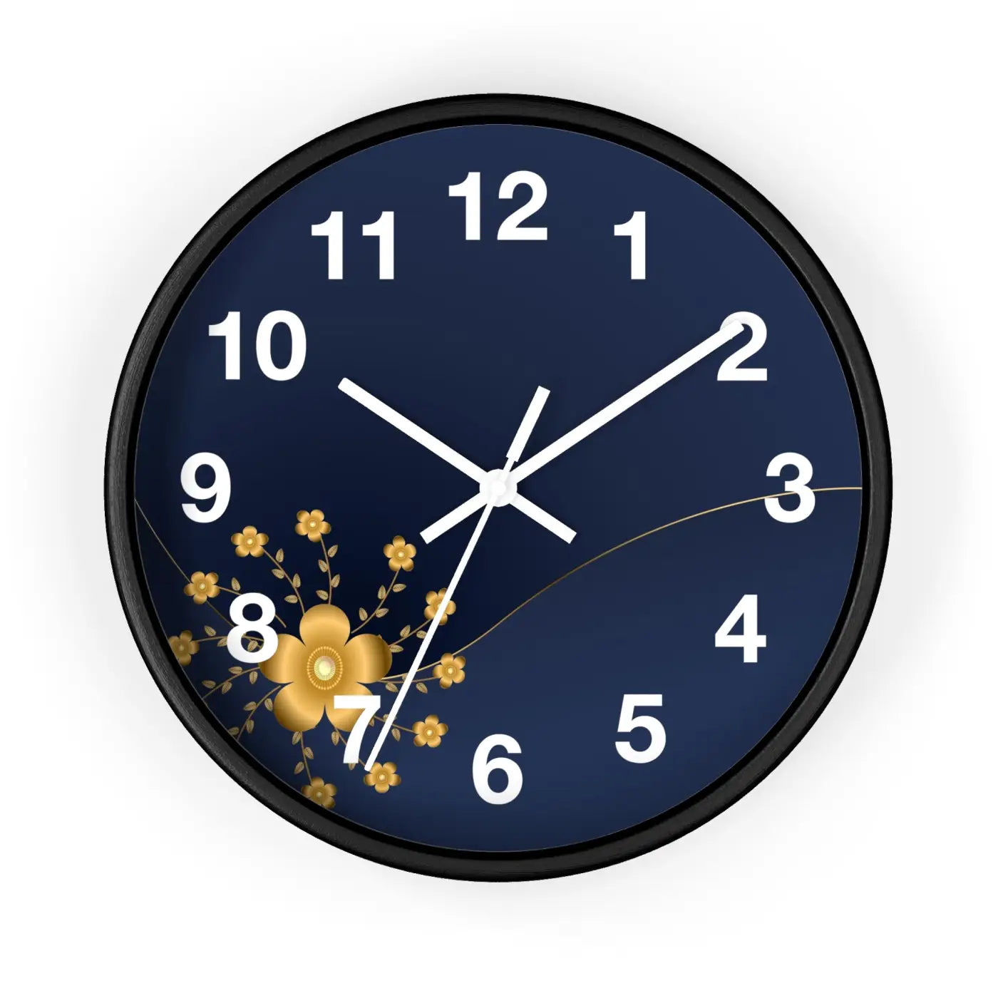 Navy Floral Wall Clock - Gold Blossom Whisper-Quiet Elegance - DipaliZ