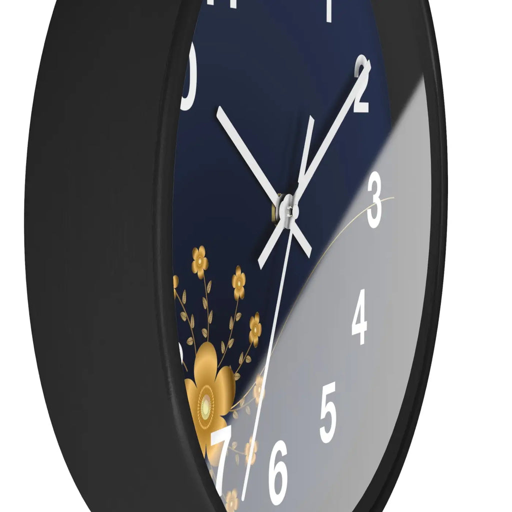 Navy Floral Wall Clock - Gold Blossom Whisper-Quiet Elegance - DipaliZ