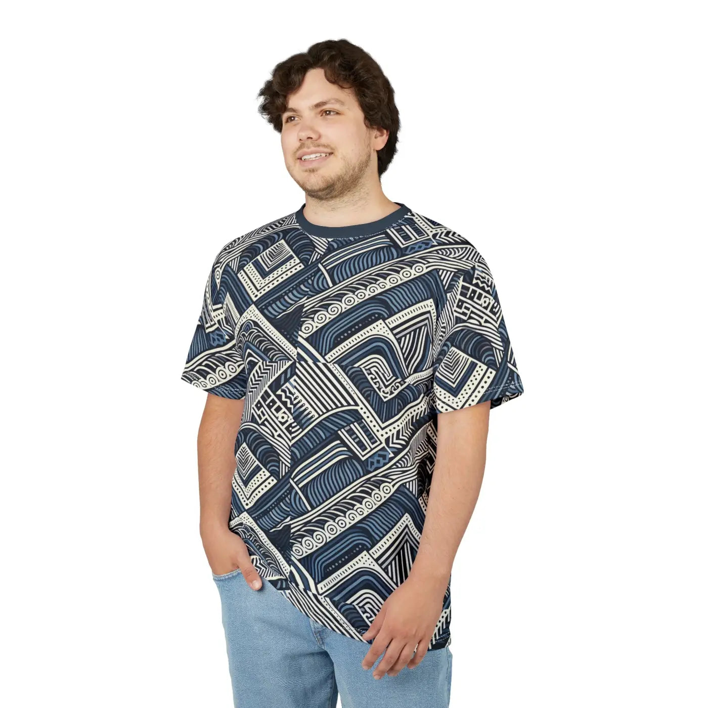 Navy Geometric Unisex All-Over Print Sew Tee - DipaliZ