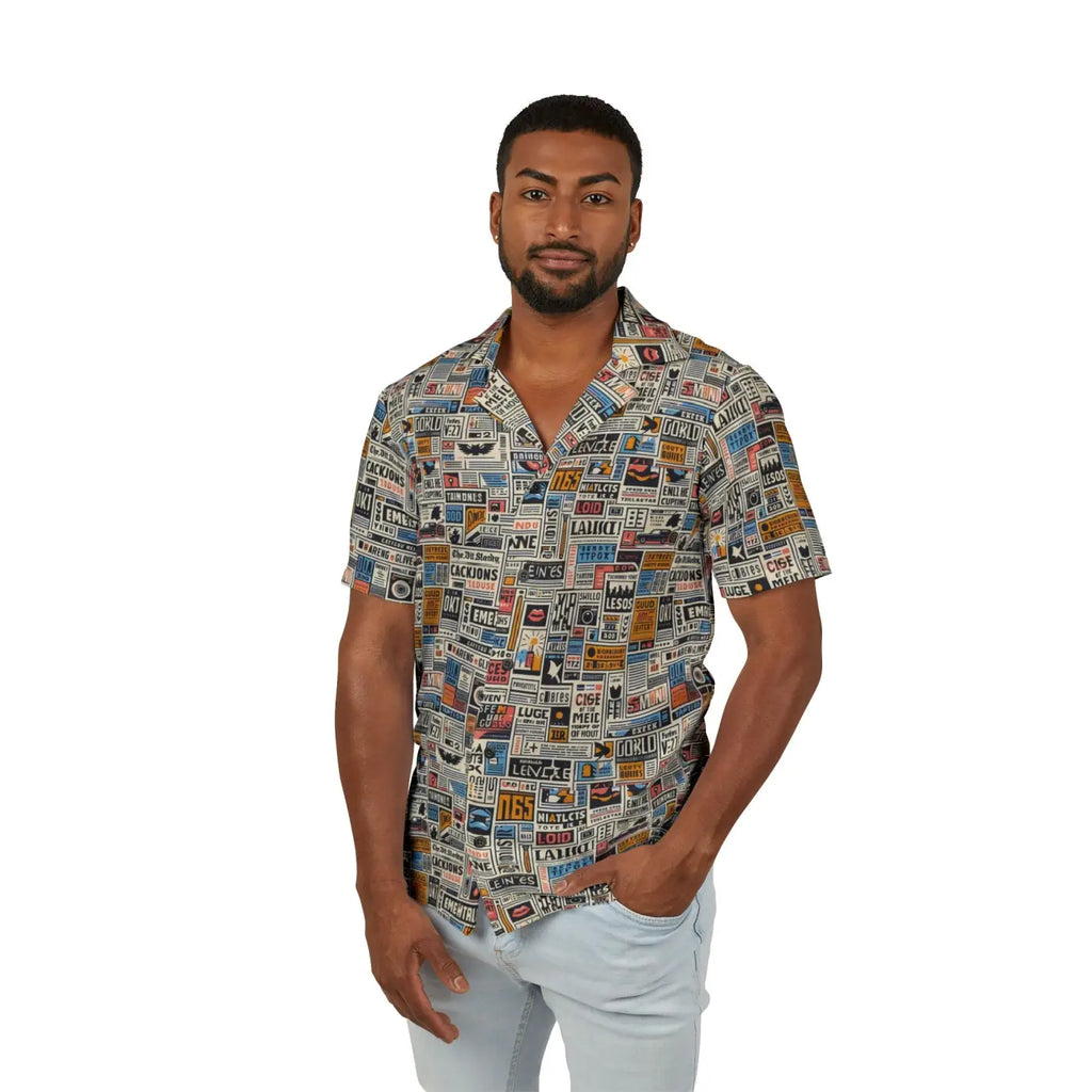 Hawaiian Camp Shirt - Linen Texture Newspaper Style Pattern - DipaliZ