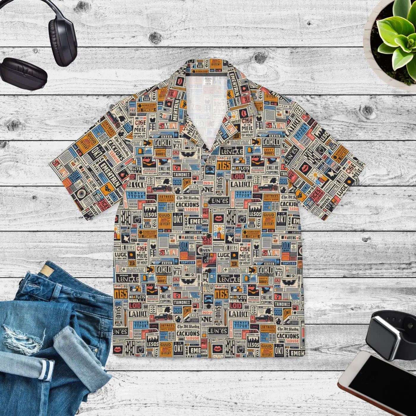 Hawaiian Camp Shirt - Linen Texture Newspaper Style Pattern - DipaliZ