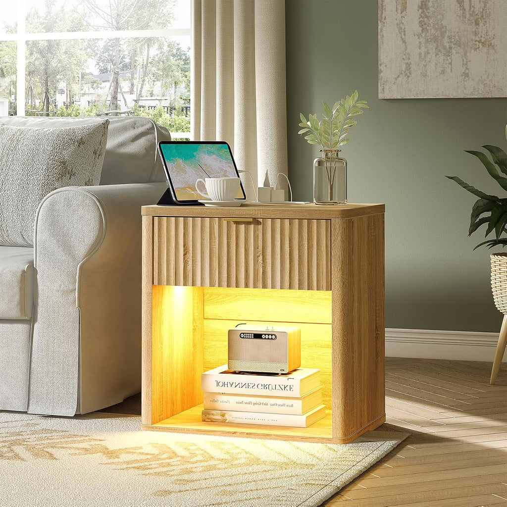 Fluted LED Nightstand with Charging Station, Drawer Side Tables, Oak - Vektaya