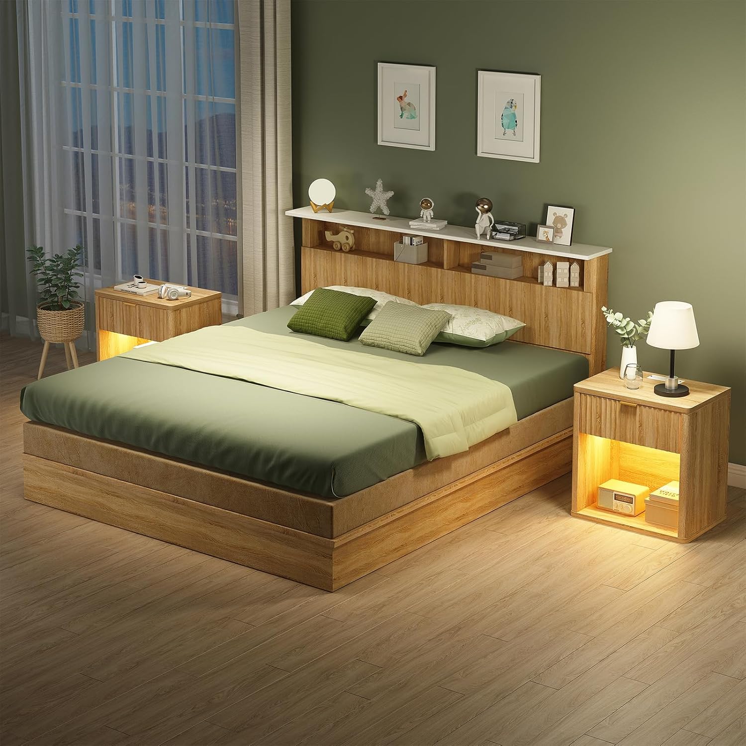 Fluted LED Nightstand with Charging Station, Drawer Side Tables, Oak - Vektaya