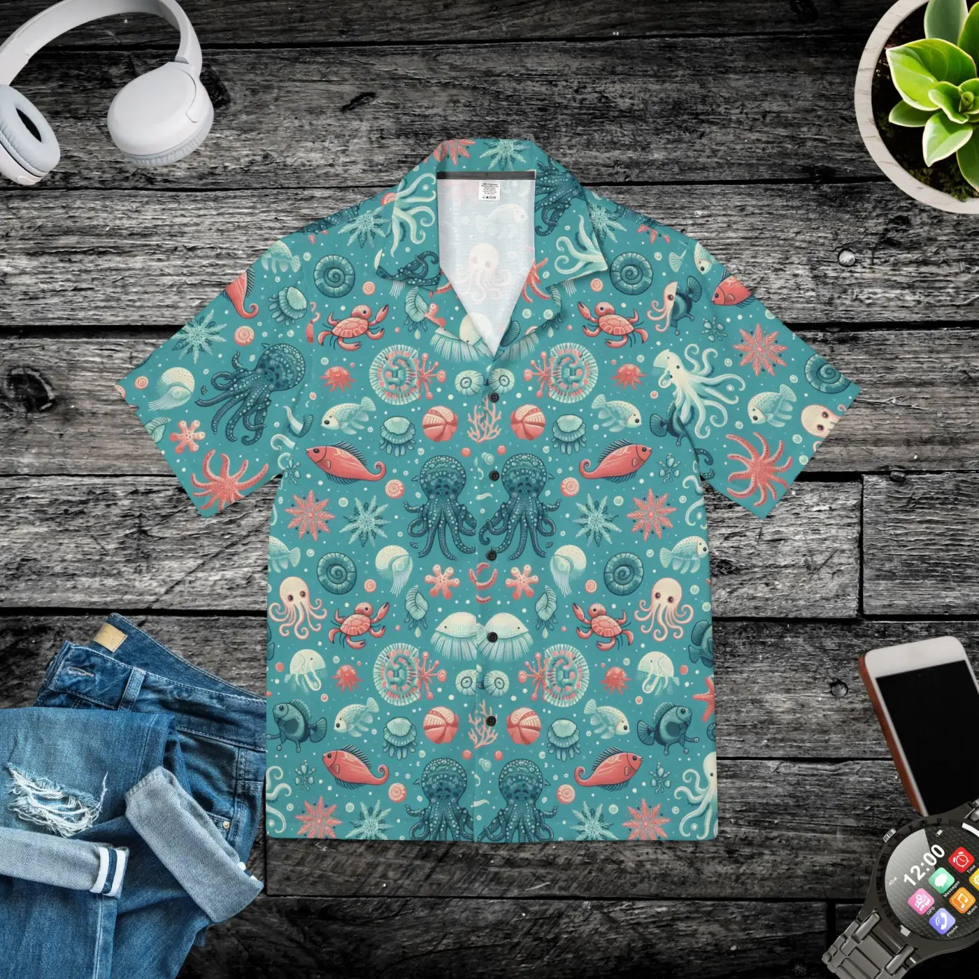 Marine-Themed Hawaiian Camp Shirt - Ocean Charm Style - DipaliZ
