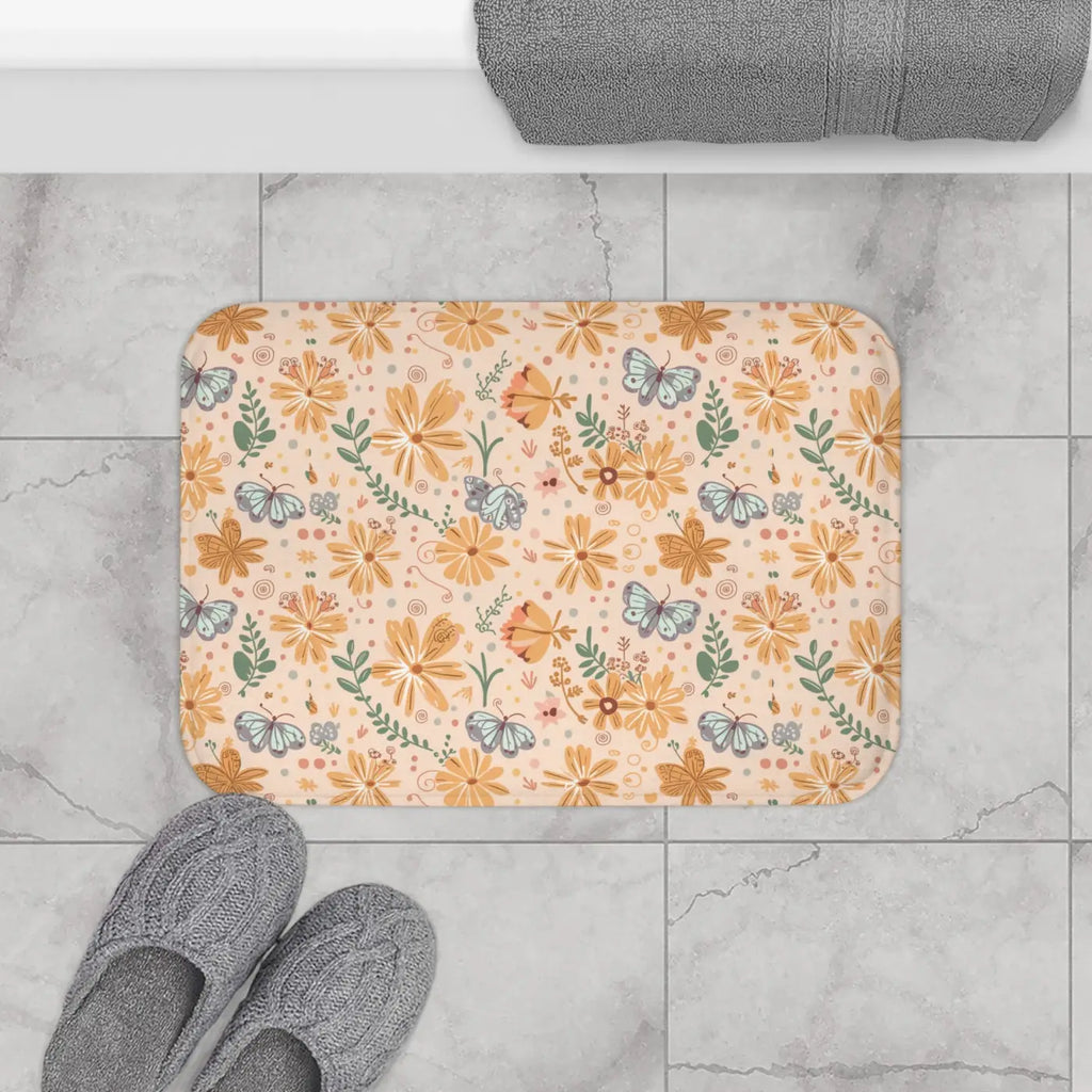 Orange Butterfly Floral Bath Mat - Anti-Slip Backing - DipaliZ