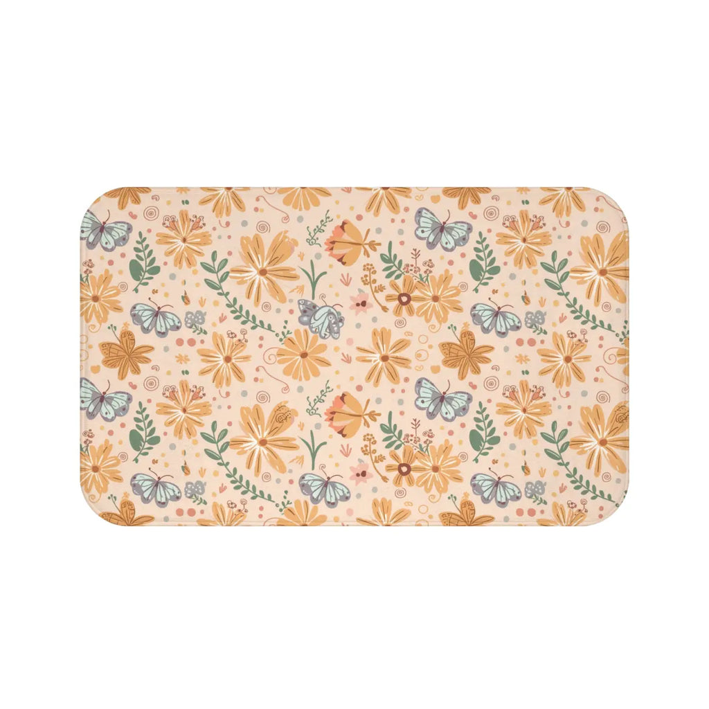 Orange Butterfly Floral Bath Mat - Anti-Slip Backing - DipaliZ
