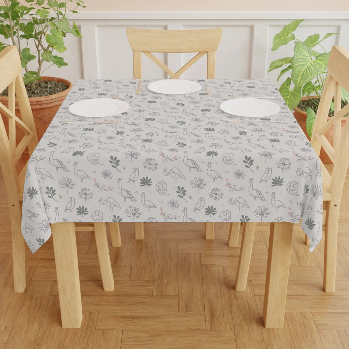 Polyester Tablecloth - Plants and Birds One-Sided Print - DipaliZ