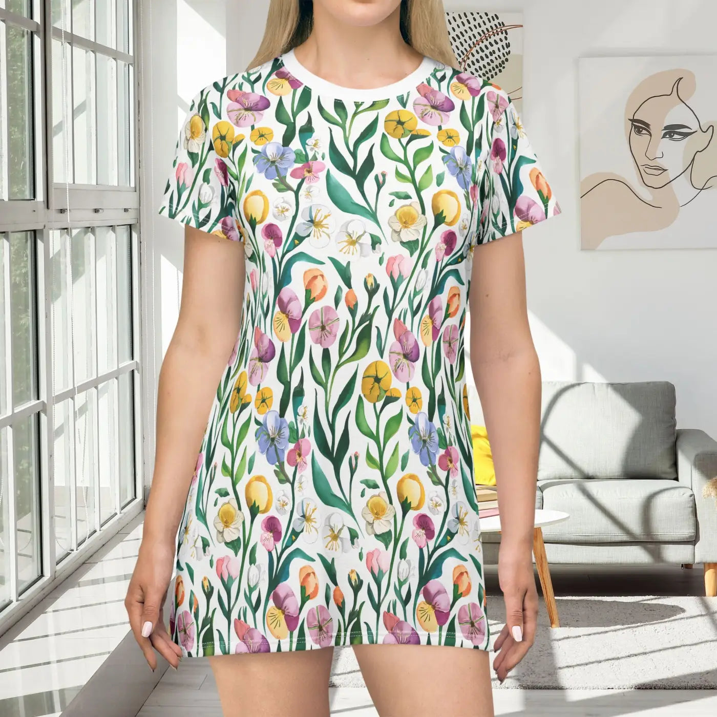 Painted Floral T-Shirt Dress - Artistic Everyday Wear - DipaliZ