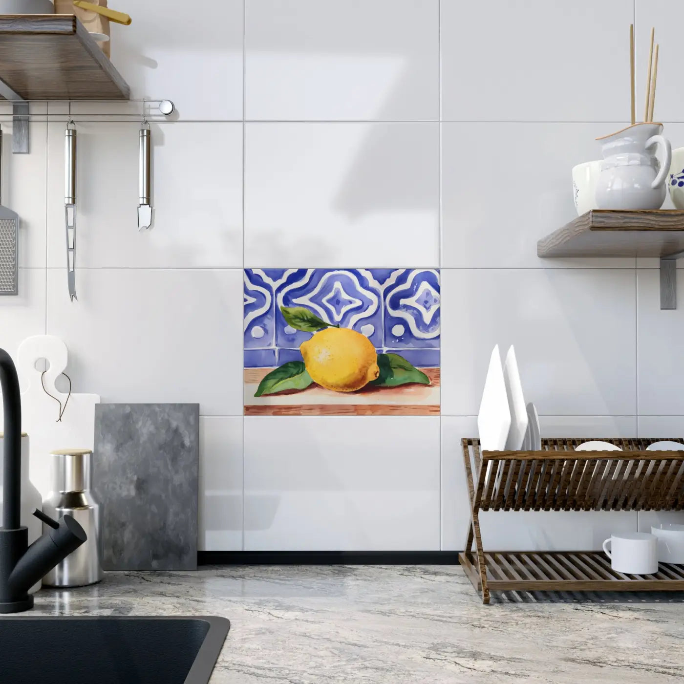 Painted Lemon Ceramic Photo Tiles - Vibrant Wall Decor - DipaliZ