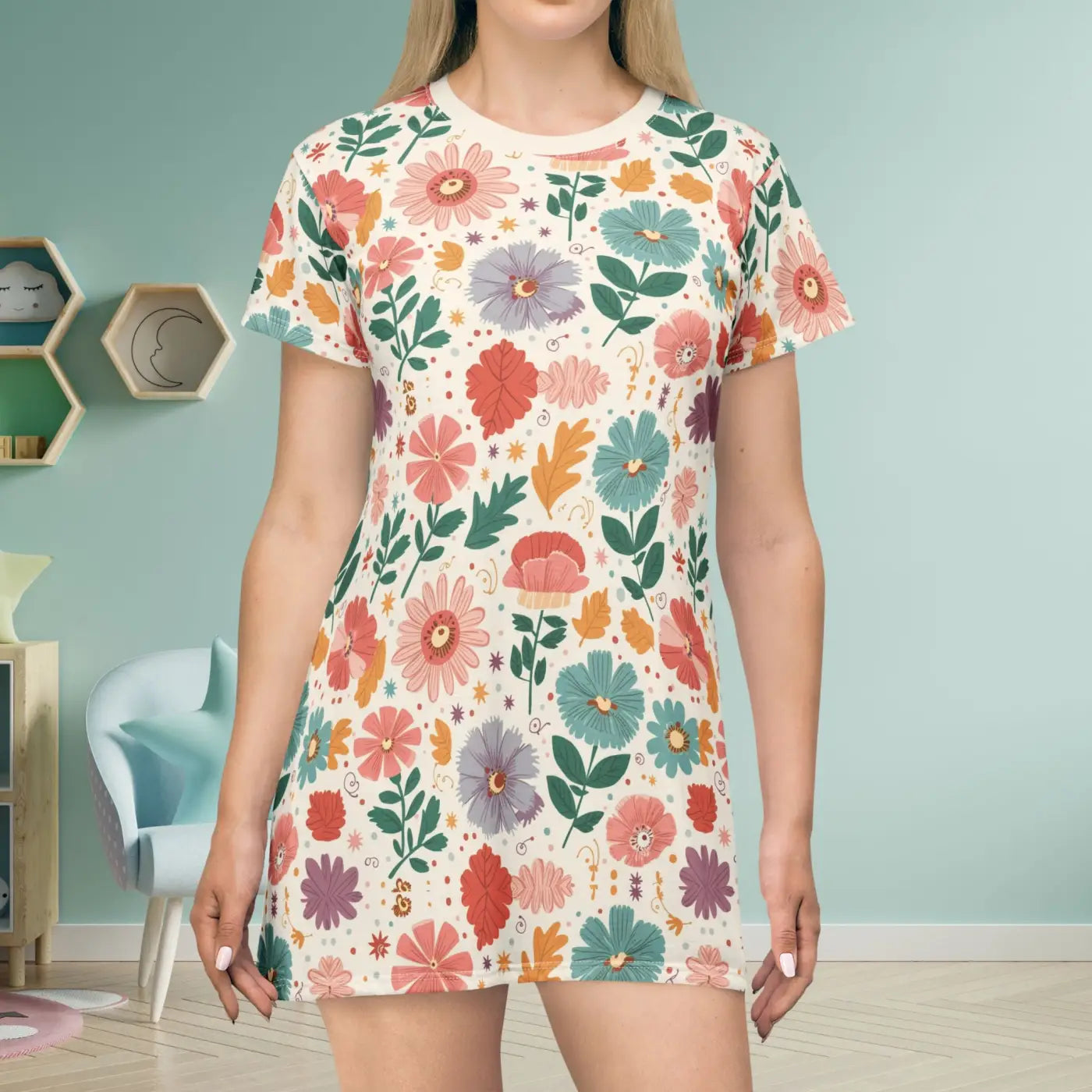 Sustainable All-Over-Print T-Shirt Dress - Pastel Flower - DipaliZ