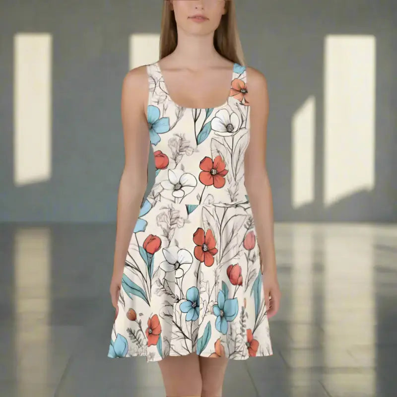 Pastel Flowers Skater Dress - Flared Skirt Design - DipaliZ