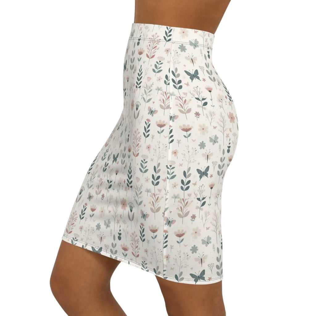 Floral Dreams Mid-Waist Pencil Skirt - Chic Black Seam Thread - DipaliZ