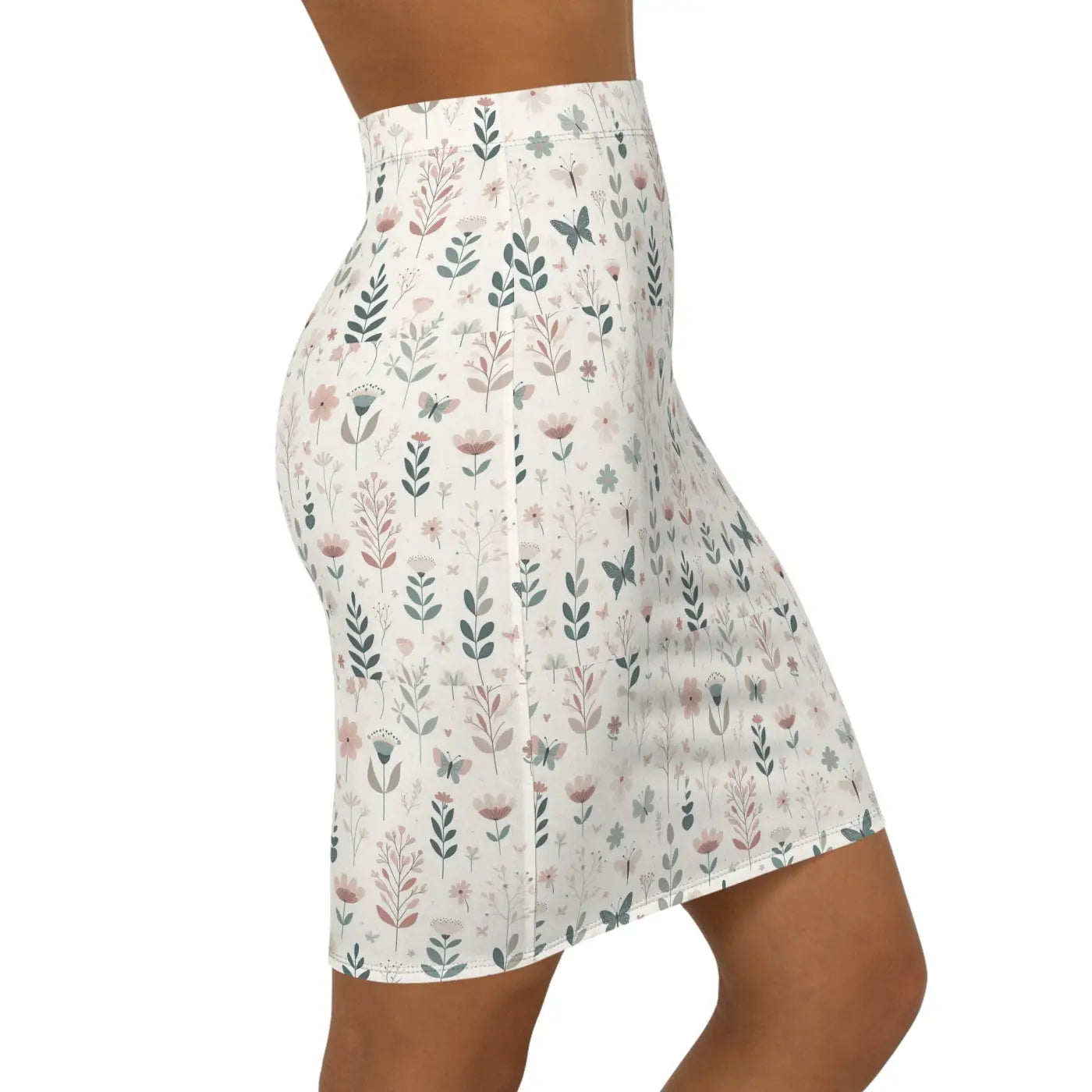 Floral Dreams Mid-Waist Pencil Skirt - Chic Black Seam Thread - DipaliZ