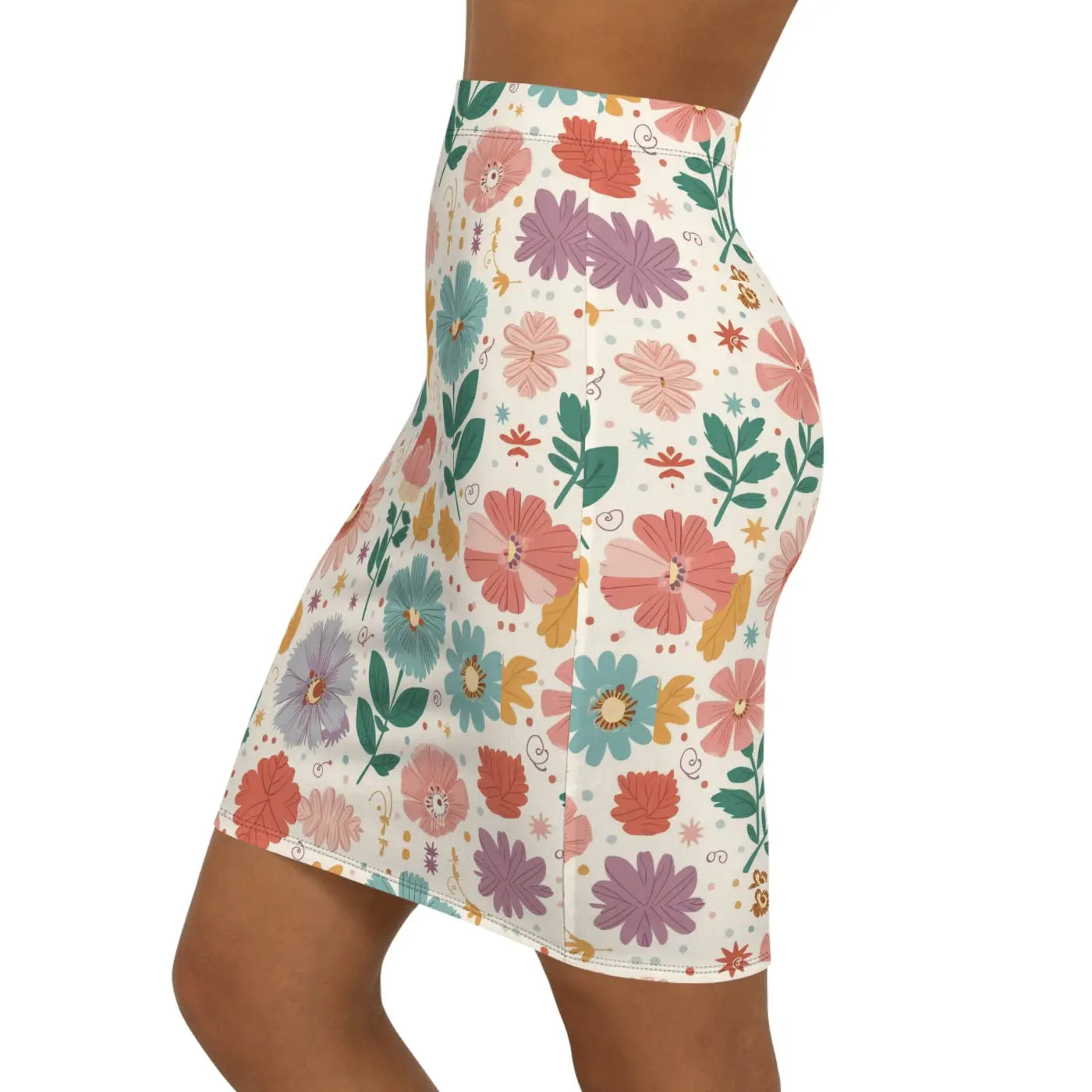 Stretchy Pastel Flowers Pencil Skirt - Comfort Fit - DipaliZ