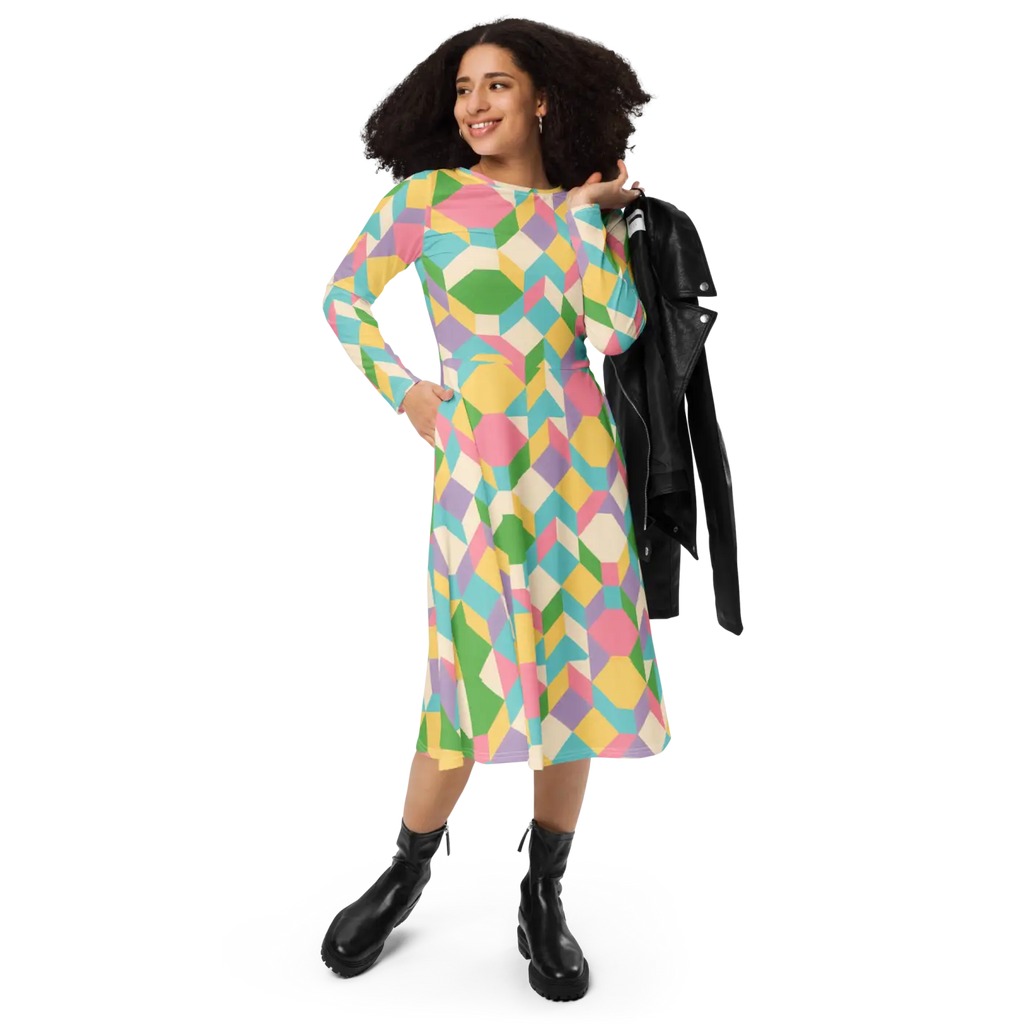 Pastel Geometric Pattern Midi Dress - Print Long Sleeve - DipaliZ