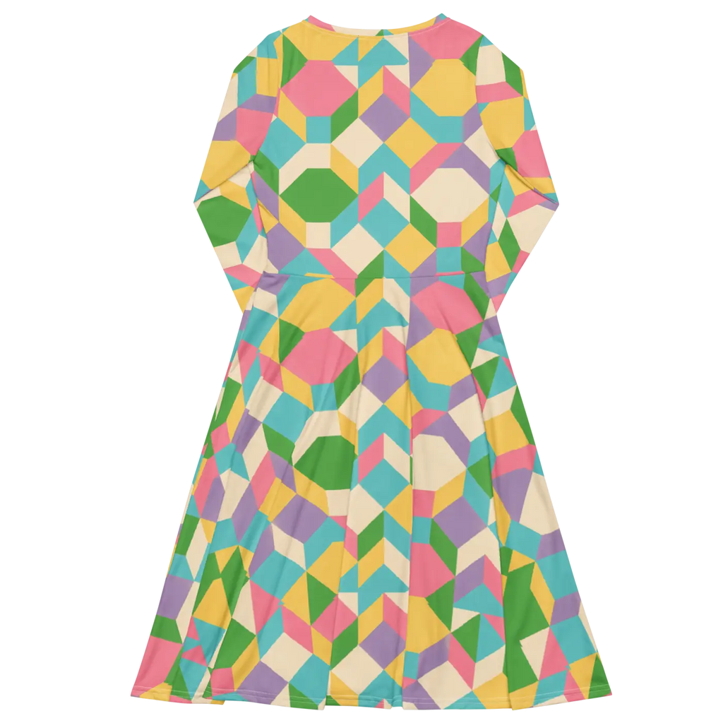 Pastel Geometric Pattern Midi Dress - Print Long Sleeve - DipaliZ