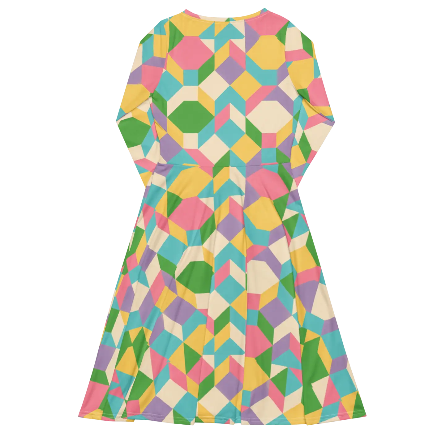 Pastel Geometric Pattern Midi Dress - Print Long Sleeve - DipaliZ