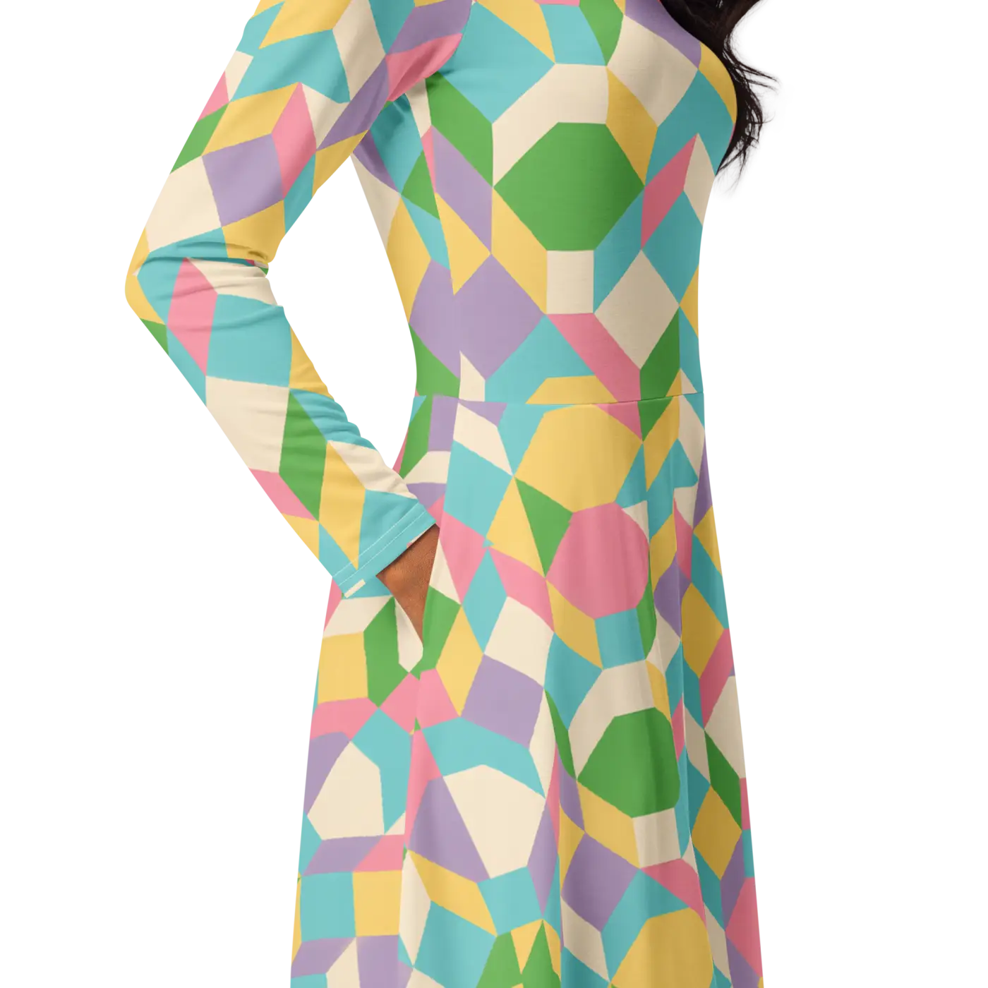 Pastel Geometric Pattern Midi Dress - Print Long Sleeve - DipaliZ
