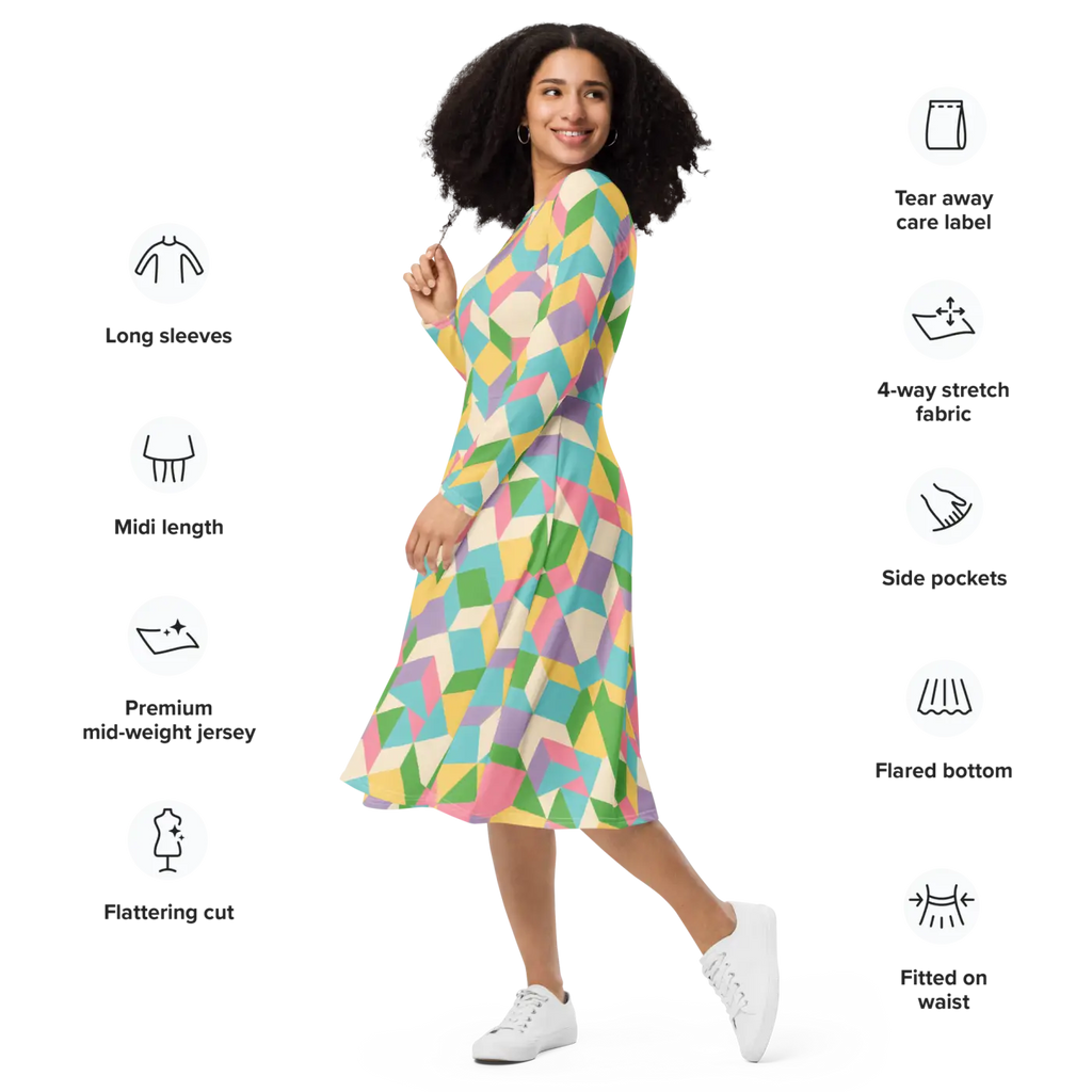 Pastel Geometric Pattern Midi Dress - Print Long Sleeve - DipaliZ