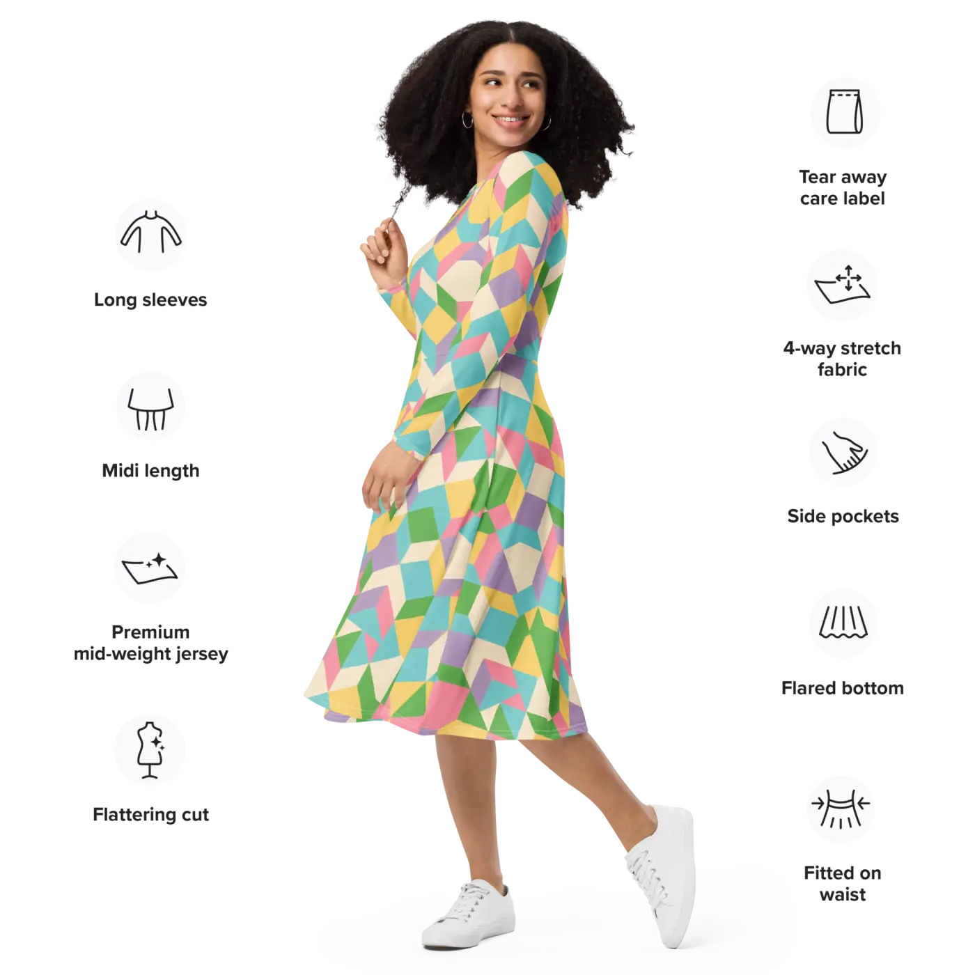 Pastel Geometric Pattern Midi Dress - Print Long Sleeve - DipaliZ