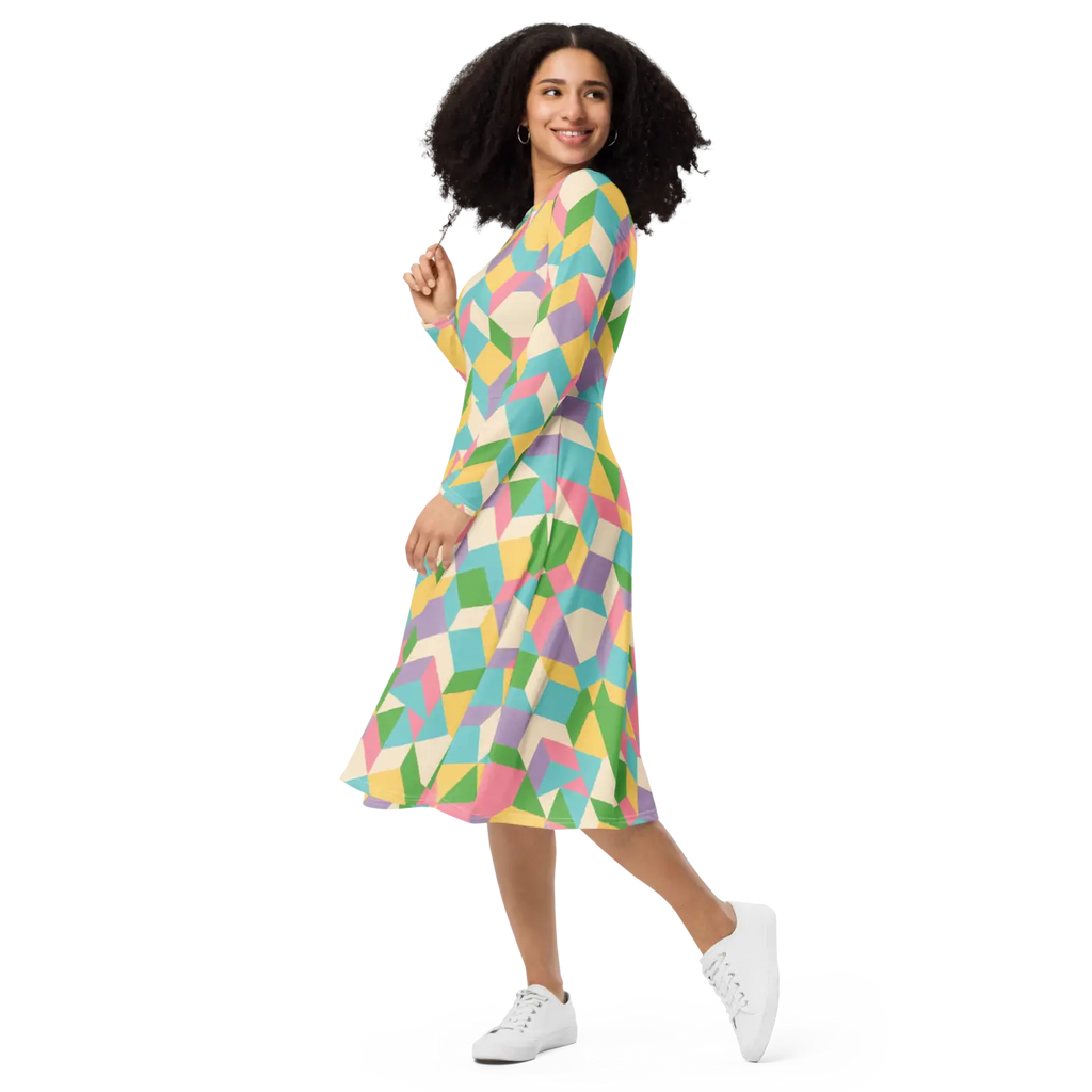 Pastel Geometric Pattern Midi Dress - Print Long Sleeve - DipaliZ
