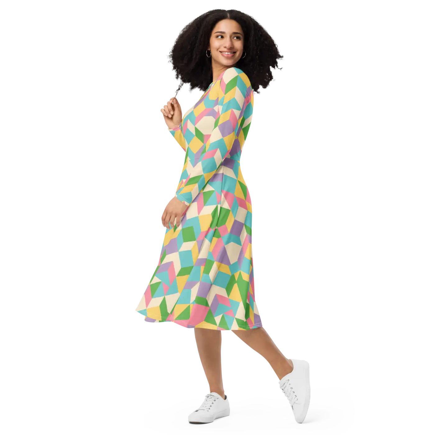 Pastel Geometric Pattern Midi Dress - Print Long Sleeve - DipaliZ