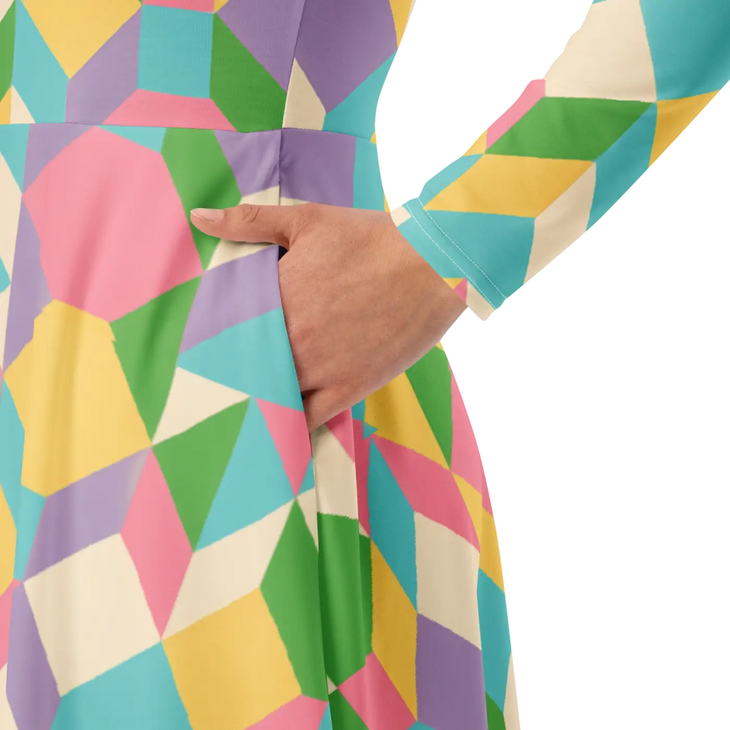 Pastel Geometric Pattern Midi Dress - Print Long Sleeve - DipaliZ