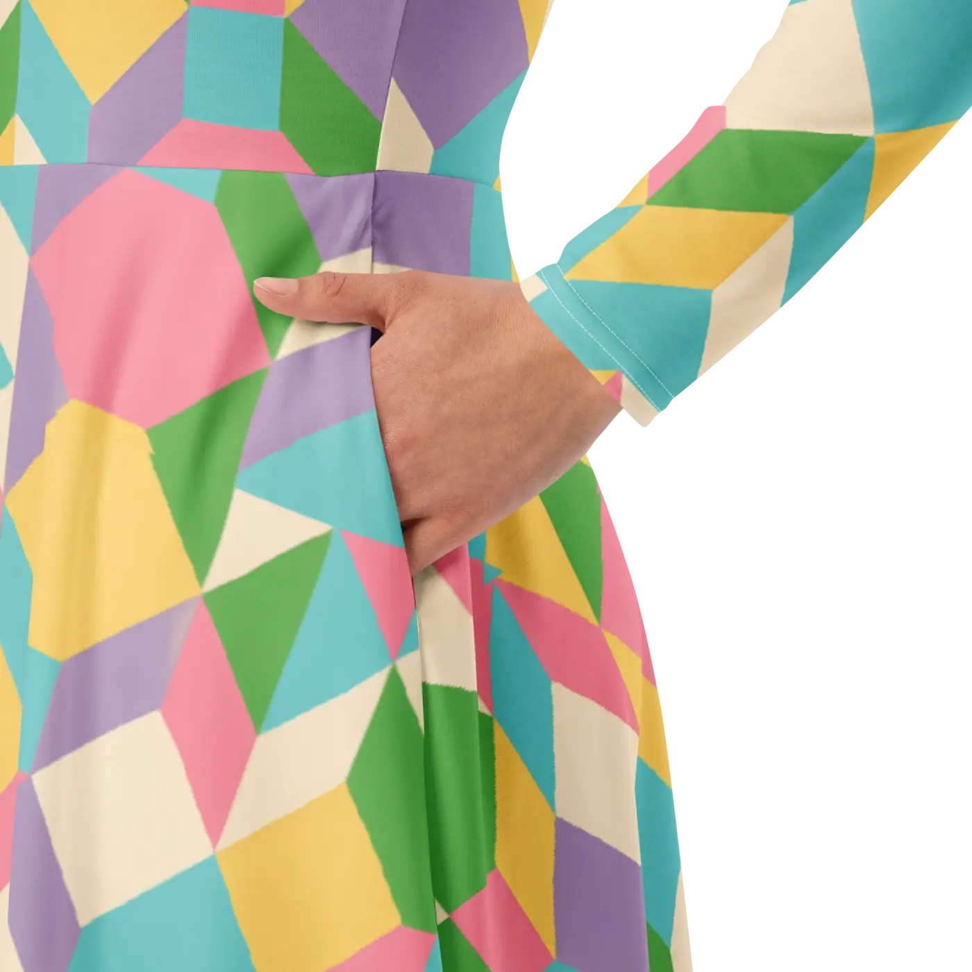 Pastel Geometric Pattern Midi Dress - Print Long Sleeve - DipaliZ