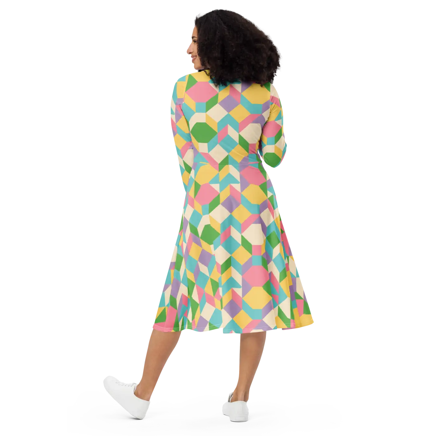 Pastel Geometric Pattern Midi Dress - Print Long Sleeve - DipaliZ