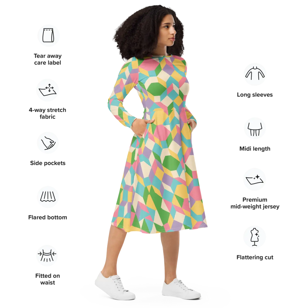 Pastel Geometric Pattern Midi Dress - Print Long Sleeve - DipaliZ