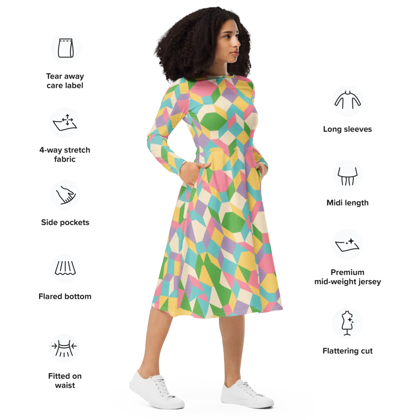 Pastel Geometric Pattern Midi Dress - Print Long Sleeve - DipaliZ