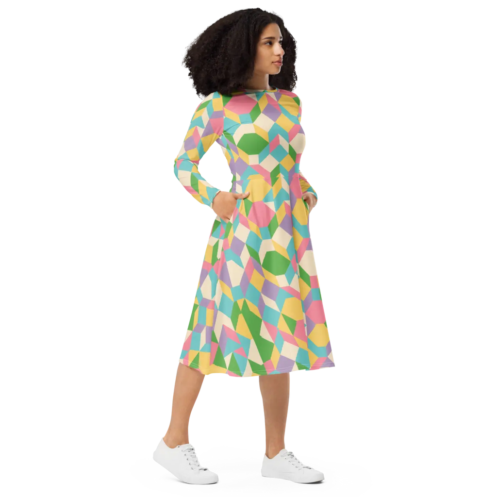 Pastel Geometric Pattern Midi Dress - Print Long Sleeve - DipaliZ