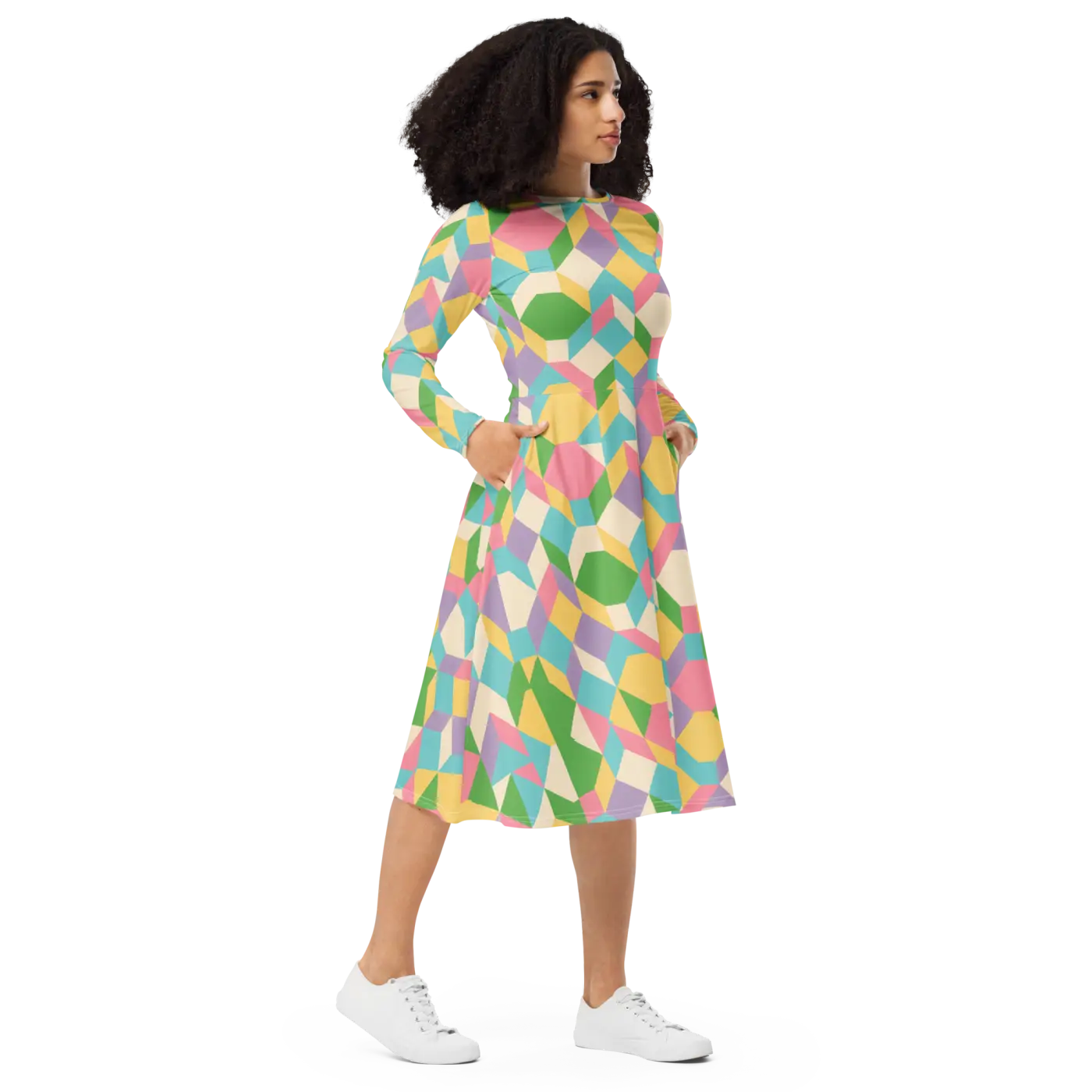 Pastel Geometric Pattern Midi Dress - Print Long Sleeve - DipaliZ