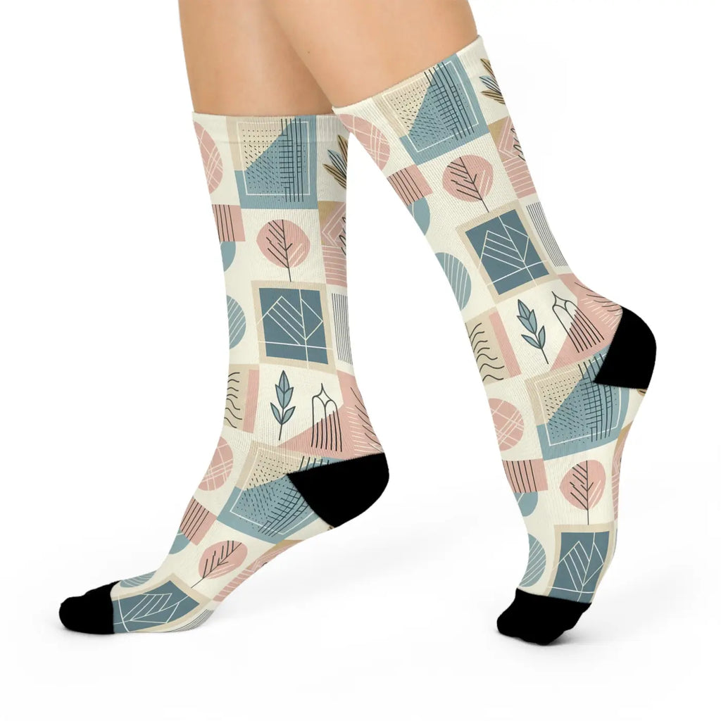 Cushioned Crew Socks - Pastel Geometric Pattern Comfort - DipaliZ