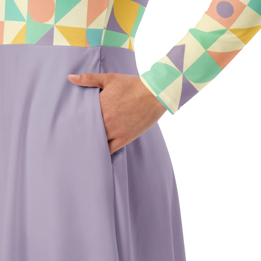 Pastel Geometric Pattern Sleeve Midi - Fitted Waist Dress - DipaliZ