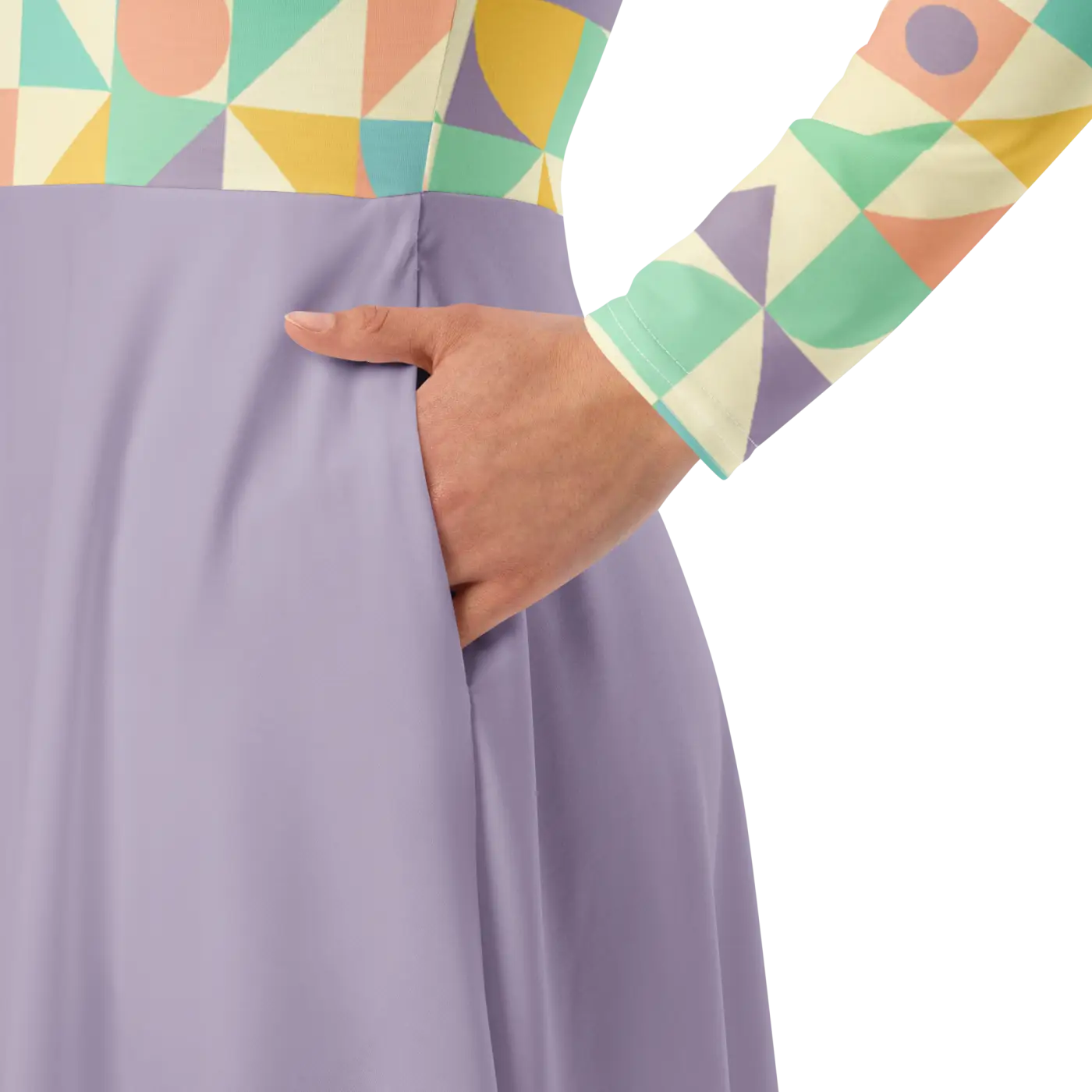 Pastel Geometric Pattern Sleeve Midi - Fitted Waist Dress - DipaliZ