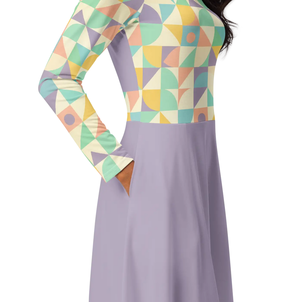 Pastel Geometric Pattern Sleeve Midi - Fitted Waist Dress - DipaliZ
